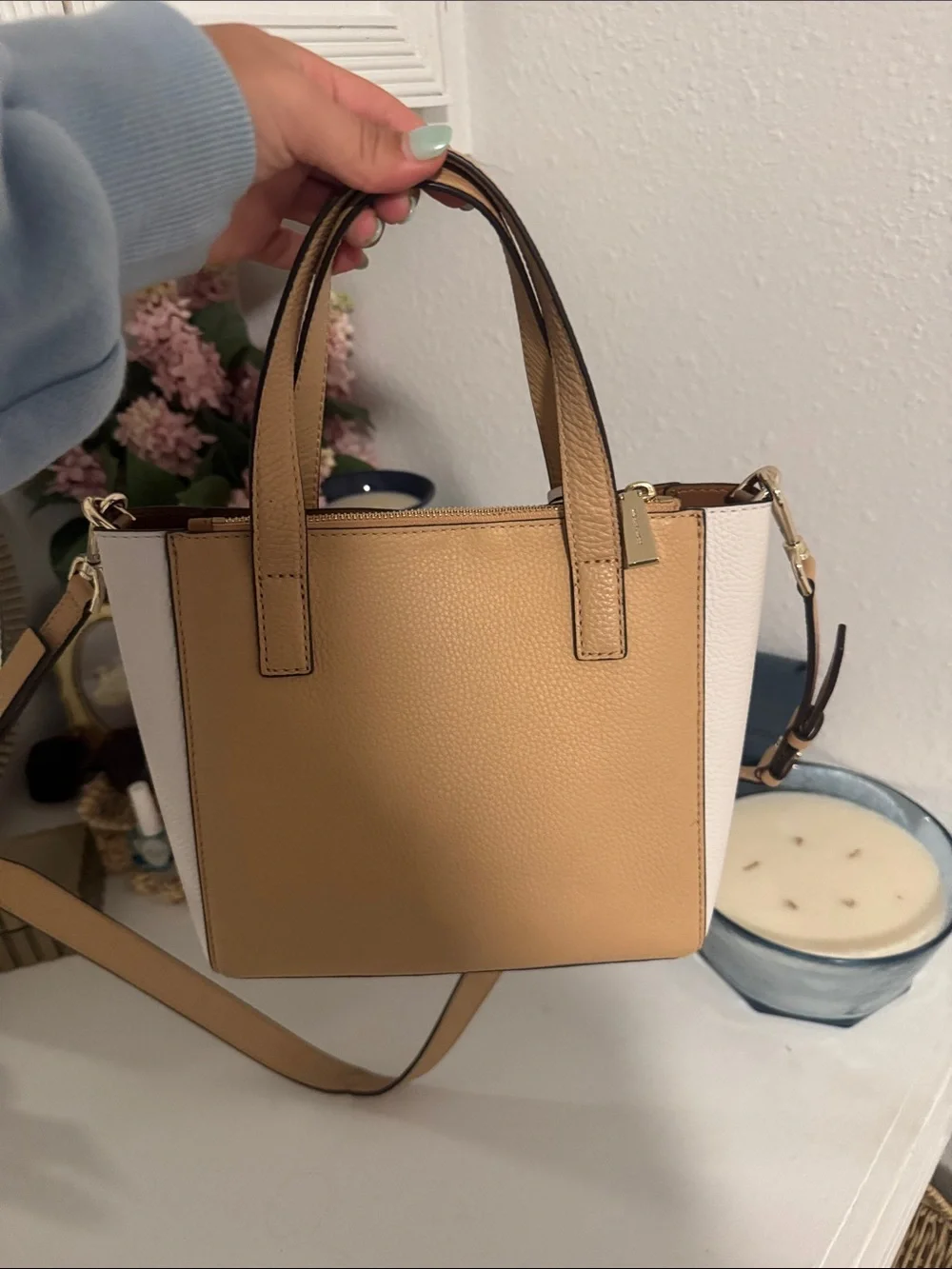 Michael Kors Colorblock Leather Satchel in Brown, Tan & White